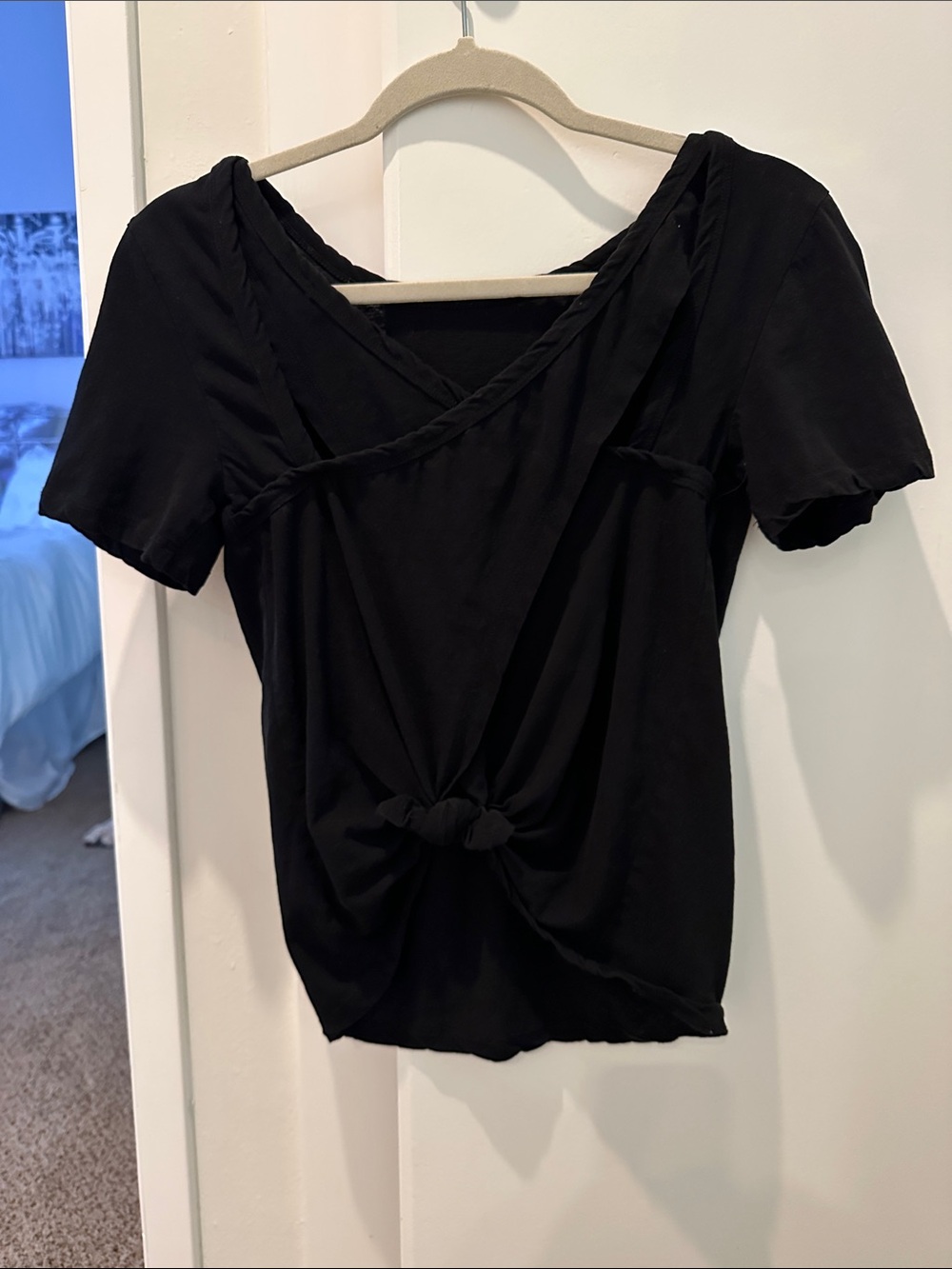 A.L.C. Women's Black Knot-Back Short Sleeve Cotton Short Sleeve Top - size Small